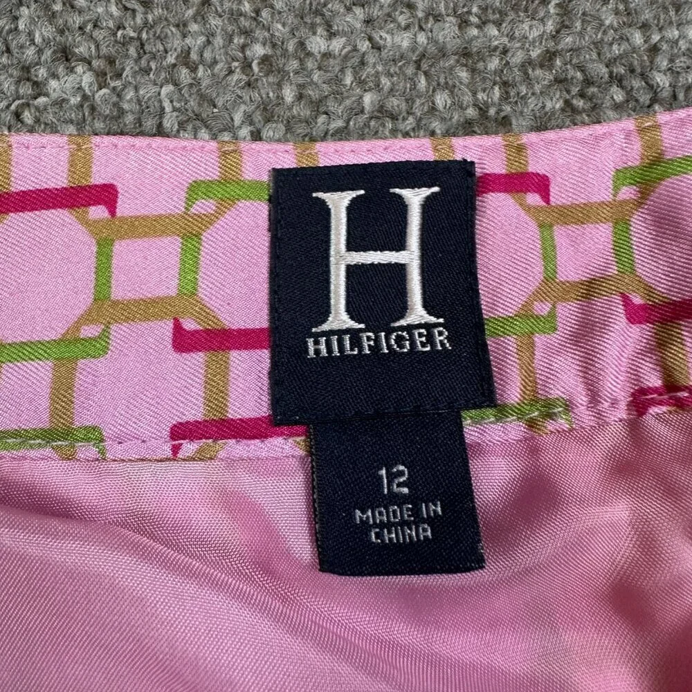 Tommy Hilfiger Y2K Pleated Pink Green Logo 100% Silk Skirt Women's 12